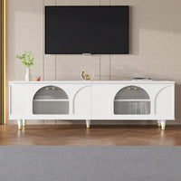 Contemporary White TV Stand for TVs Up to 78 Inches with Adjustable Shelves Gold Handles and Arch Fluted Glass Doors Elegant Media Console