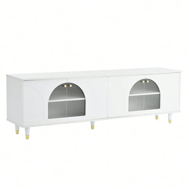 Contemporary White TV Stand for TVs Up to 78 Inches with Adjustable Shelves Gold Handles and Arch Fluted Glass Doors Elegant Media Console