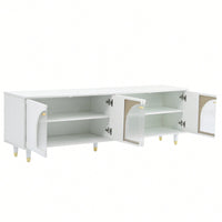 Contemporary White TV Stand for TVs Up to 78 Inches with Adjustable Shelves Gold Handles and Arch Fluted Glass Doors Elegant Media Console