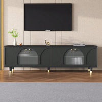 Contemporary White TV Stand for TVs Up to 78 Inches with Adjustable Shelves Gold Handles and Arch Fluted Glass Doors Elegant Media Console