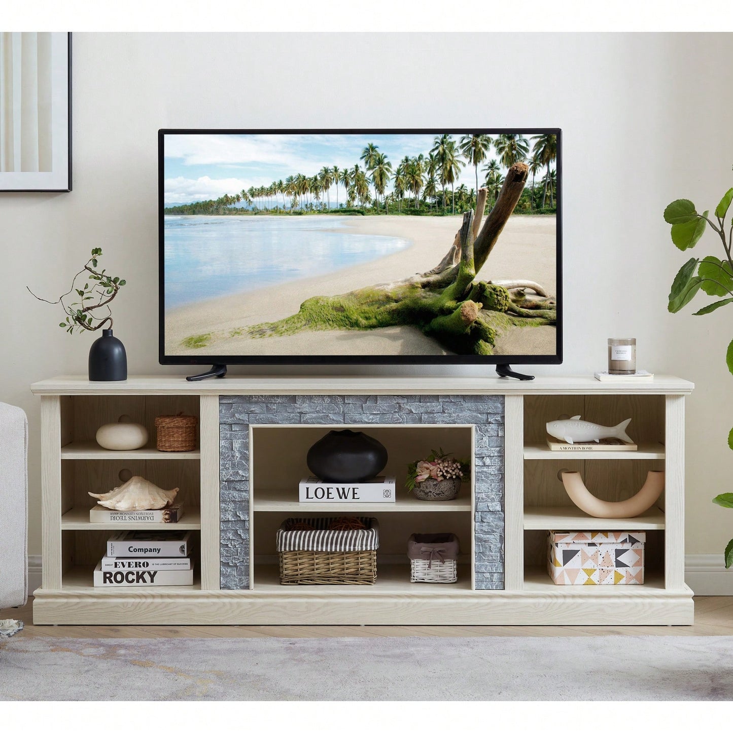 Modern Faux Stacked Stone TV Stand And Media Console Table With Ample Storage Cabinet Cherry Finish