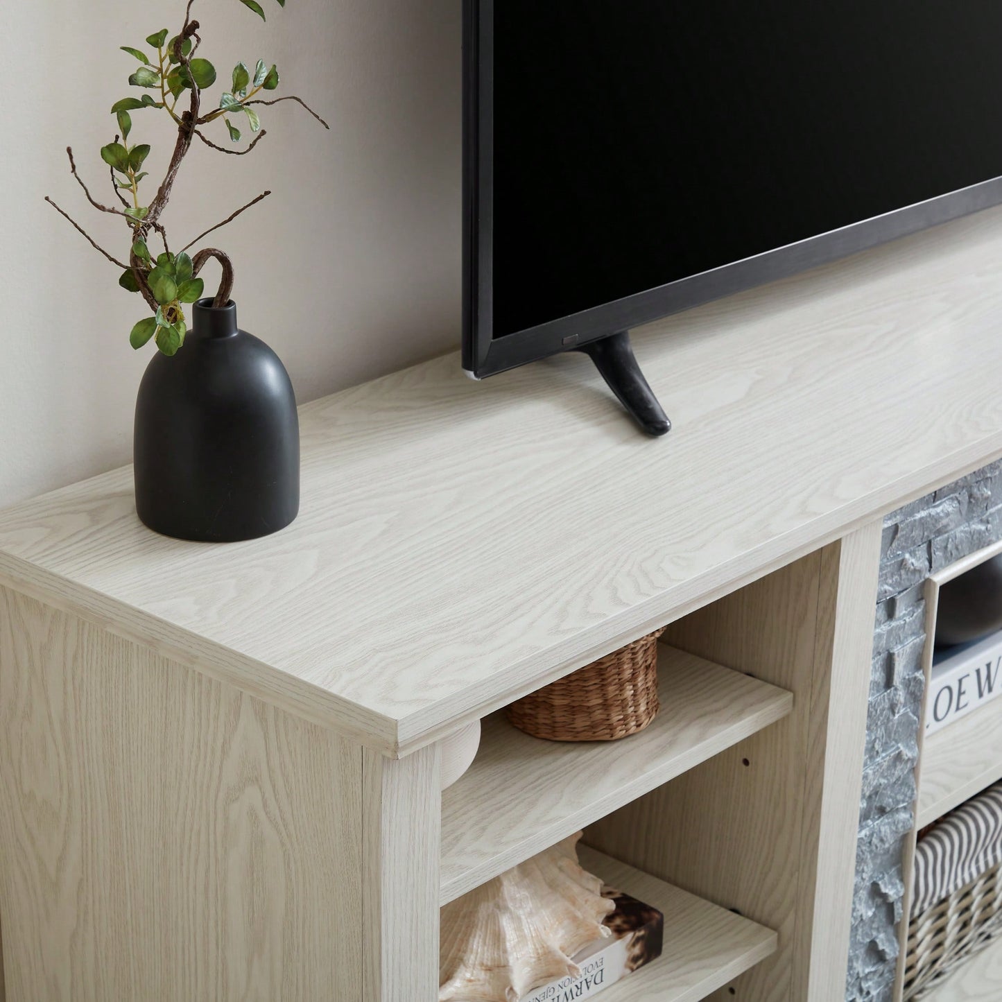 Modern Faux Stacked Stone TV Stand And Media Console Table With Ample Storage Cabinet Cherry Finish