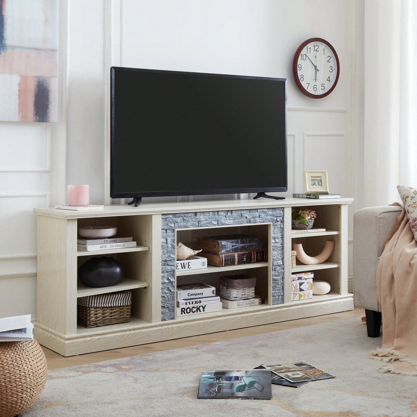 Modern Faux Stacked Stone TV Stand And Media Console Table With Ample Storage Cabinet Cherry Finish