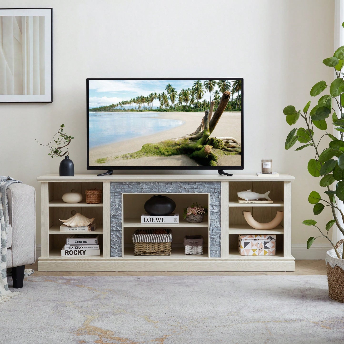 Modern Faux Stacked Stone TV Stand And Media Console Table With Ample Storage Cabinet Cherry Finish