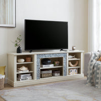 Modern Faux Stacked Stone TV Stand And Media Console Table With Ample Storage Cabinet Cherry Finish