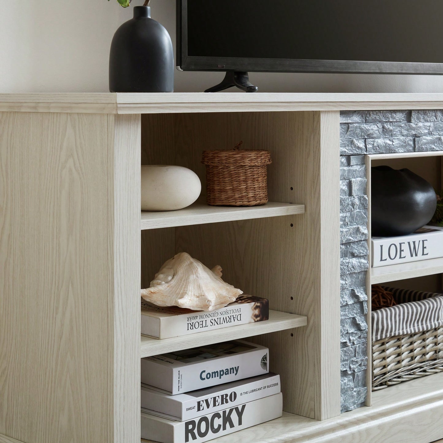 Modern Faux Stacked Stone TV Stand And Media Console Table With Ample Storage Cabinet Cherry Finish