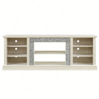 Modern Faux Stacked Stone TV Stand And Media Console Table With Ample Storage Cabinet Cherry Finish