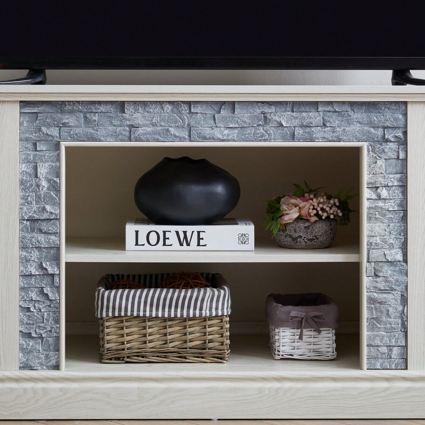 Modern Faux Stacked Stone TV Stand And Media Console Table With Ample Storage Cabinet Cherry Finish