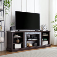 Modern Faux Stacked Stone TV Stand And Media Console Table With Ample Storage Cabinet Cherry Finish