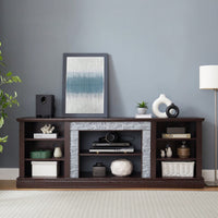 Modern Faux Stacked Stone TV Stand And Media Console Table With Ample Storage Cabinet Cherry Finish