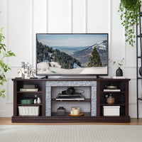 Modern Faux Stacked Stone TV Stand And Media Console Table With Ample Storage Cabinet Cherry Finish