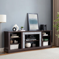 Modern Faux Stacked Stone TV Stand And Media Console Table With Ample Storage Cabinet Cherry Finish