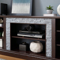 Modern Faux Stacked Stone TV Stand And Media Console Table With Ample Storage Cabinet Cherry Finish