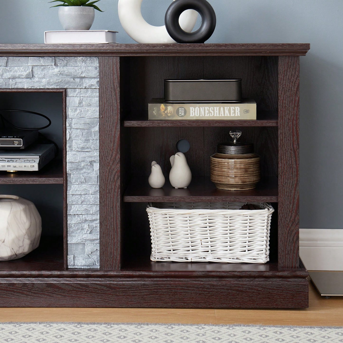 Modern Faux Stacked Stone TV Stand And Media Console Table With Ample Storage Cabinet Cherry Finish