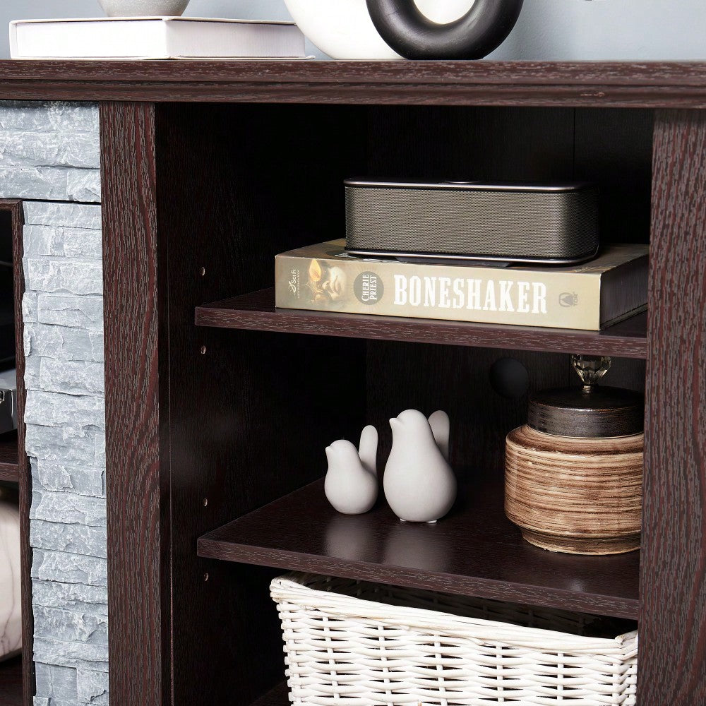 Modern Faux Stacked Stone TV Stand And Media Console Table With Ample Storage Cabinet Cherry Finish