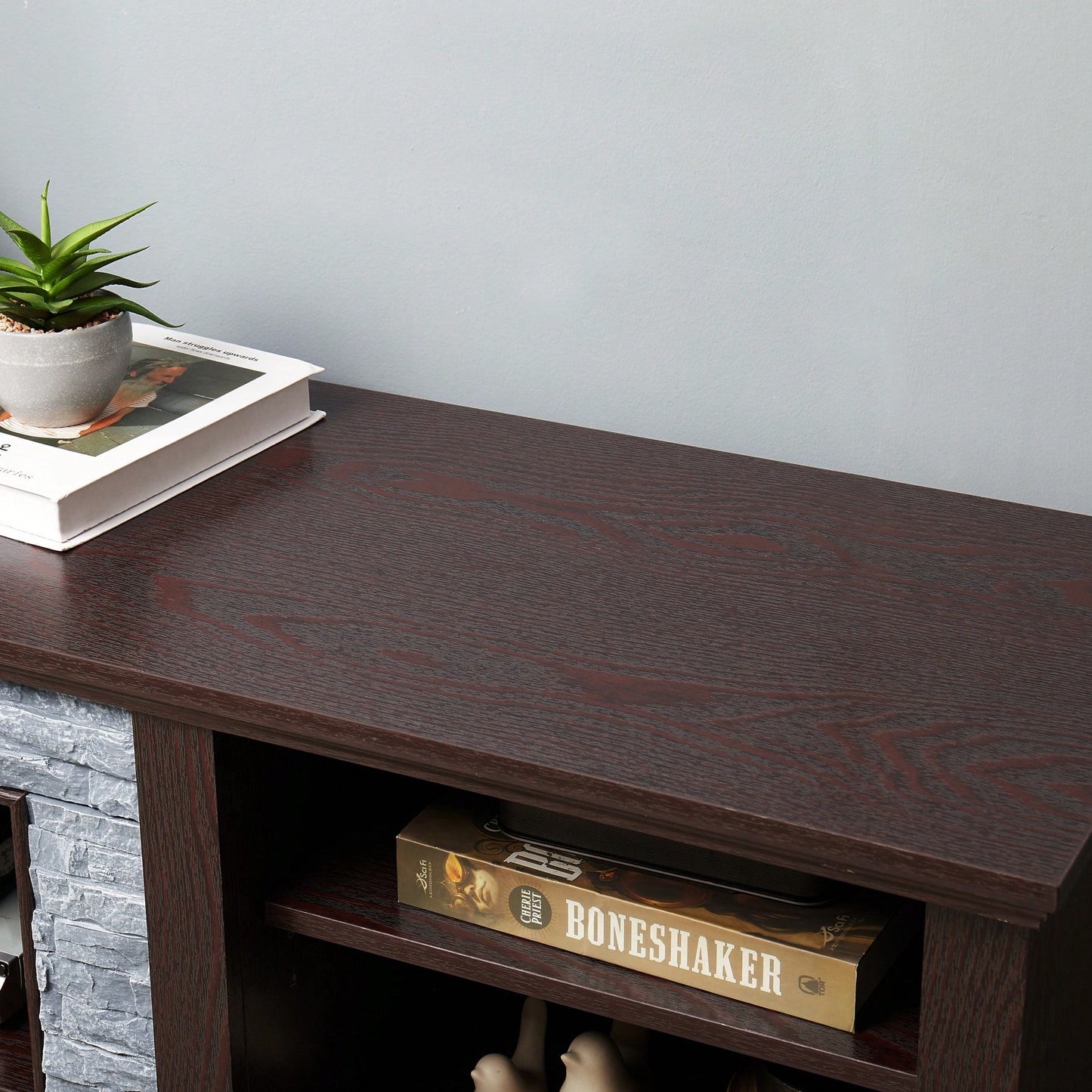 Modern Faux Stacked Stone TV Stand And Media Console Table With Ample Storage Cabinet Cherry Finish