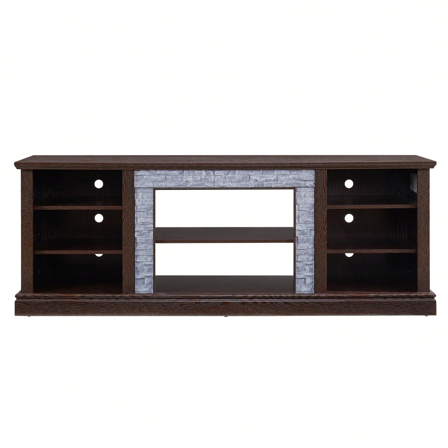 Modern Faux Stacked Stone TV Stand And Media Console Table With Ample Storage Cabinet Cherry Finish