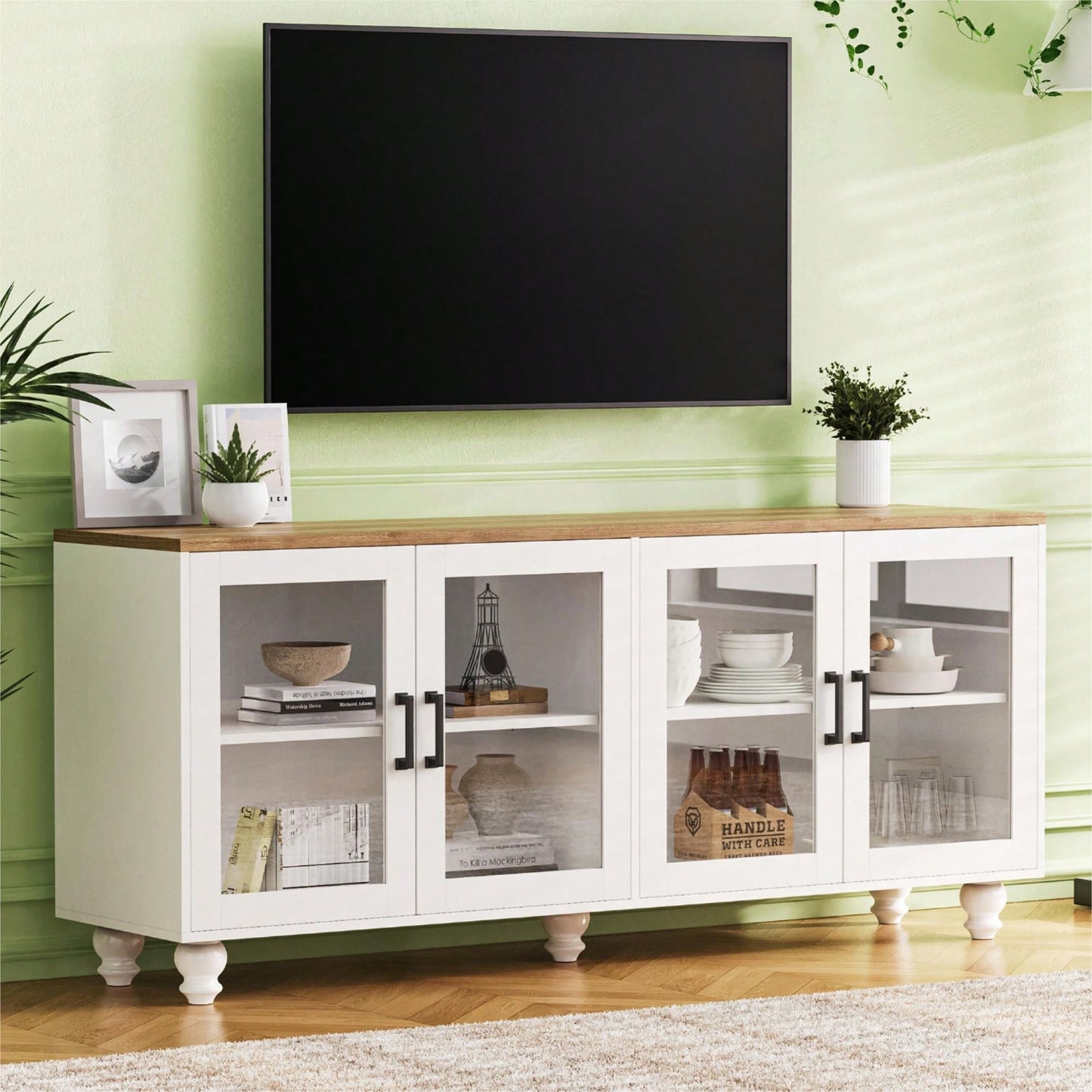 Elegant Farmhouse TV Stand with Tempered Glass Doors for TVs Up to 70 Inches Versatile Buffet Cabinet with Adjustable Shelves in White