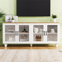 Elegant Farmhouse TV Stand with Tempered Glass Doors for TVs Up to 70 Inches Versatile Buffet Cabinet with Adjustable Shelves in White