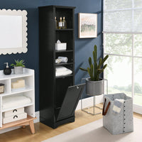 Tall Bathroom Storage Cabinet with Adjustable Shelves and Laundry Hamper Versatile Organizer for Small Spaces in Black