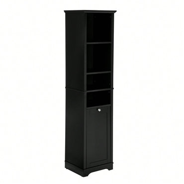 Tall Bathroom Storage Cabinet with Adjustable Shelves and Laundry Hamper Versatile Organizer for Small Spaces in Black