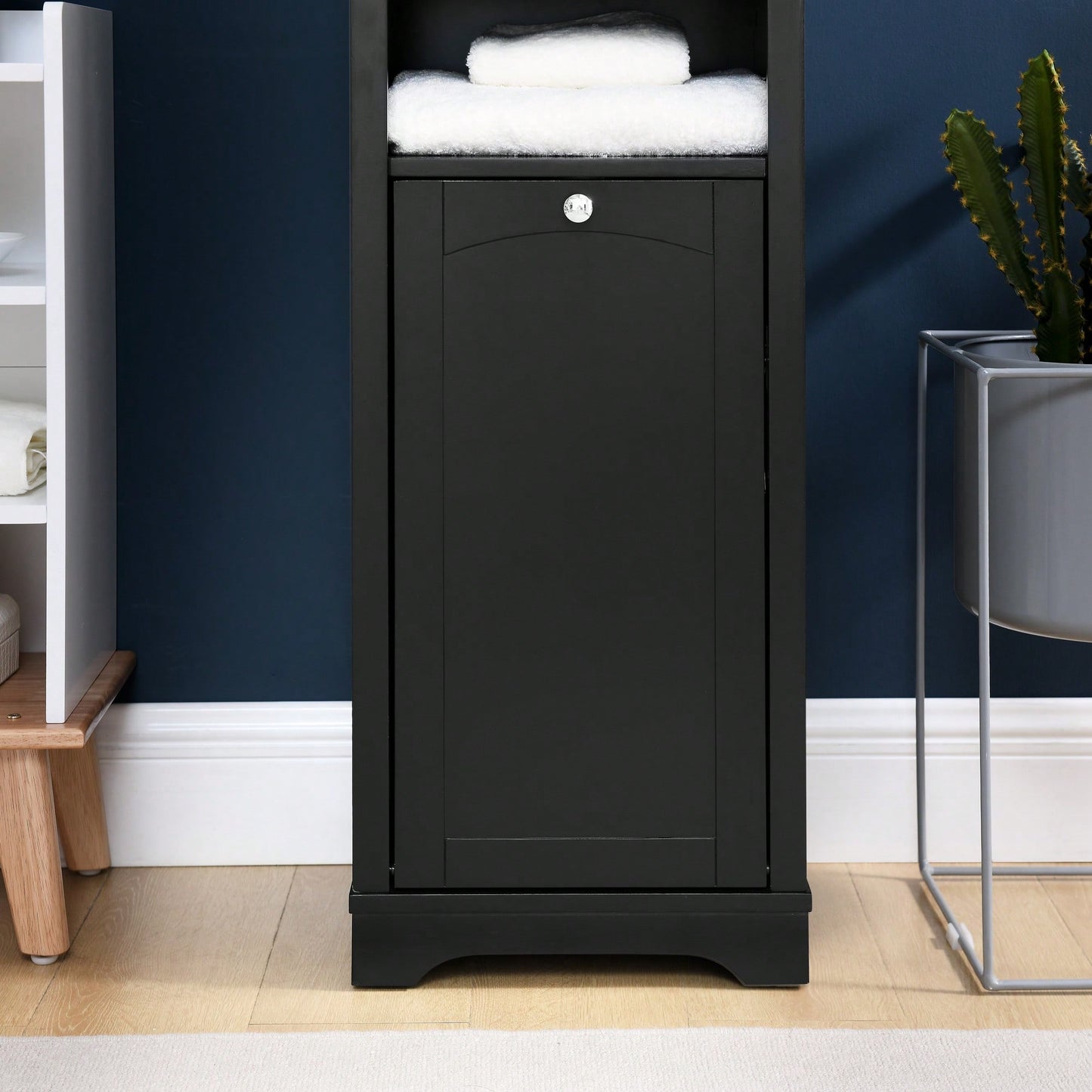 Tall Bathroom Storage Cabinet with Adjustable Shelves and Laundry Hamper Versatile Organizer for Small Spaces in Black