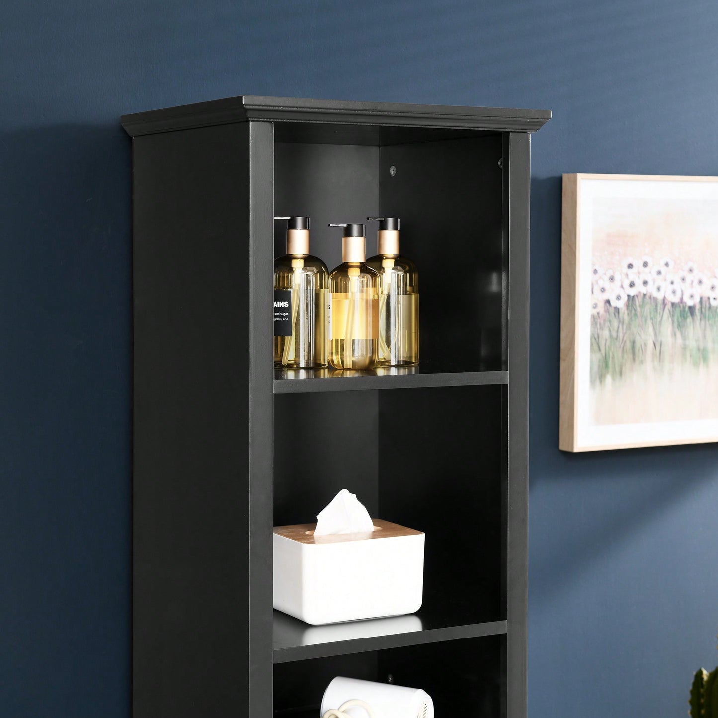 Tall Bathroom Storage Cabinet with Adjustable Shelves and Laundry Hamper Versatile Organizer for Small Spaces in Black