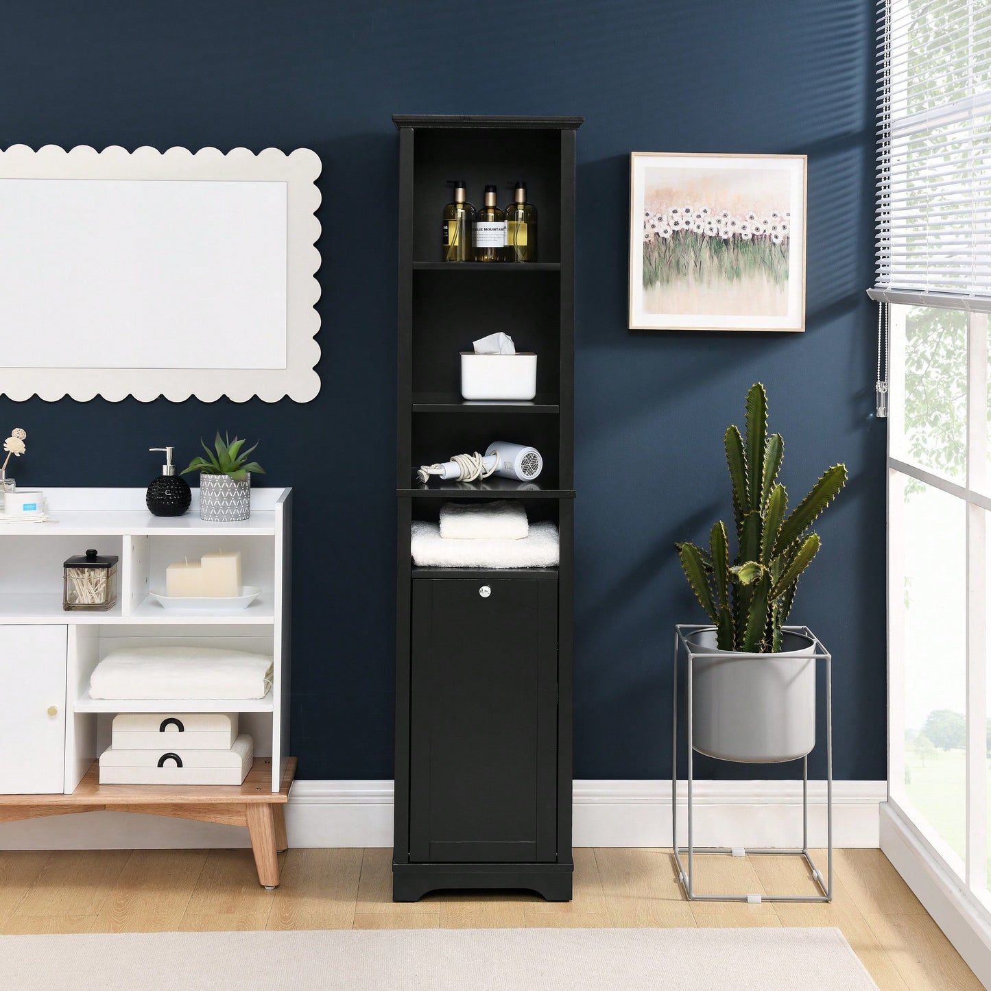 Tall Bathroom Storage Cabinet with Adjustable Shelves and Laundry Hamper Versatile Organizer for Small Spaces in Black