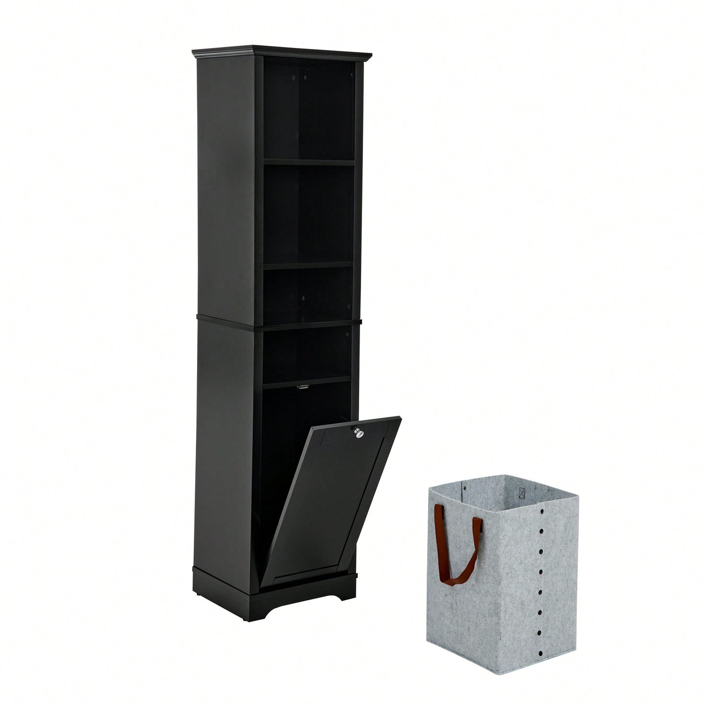 Tall Bathroom Storage Cabinet with Adjustable Shelves and Laundry Hamper Versatile Organizer for Small Spaces in Black