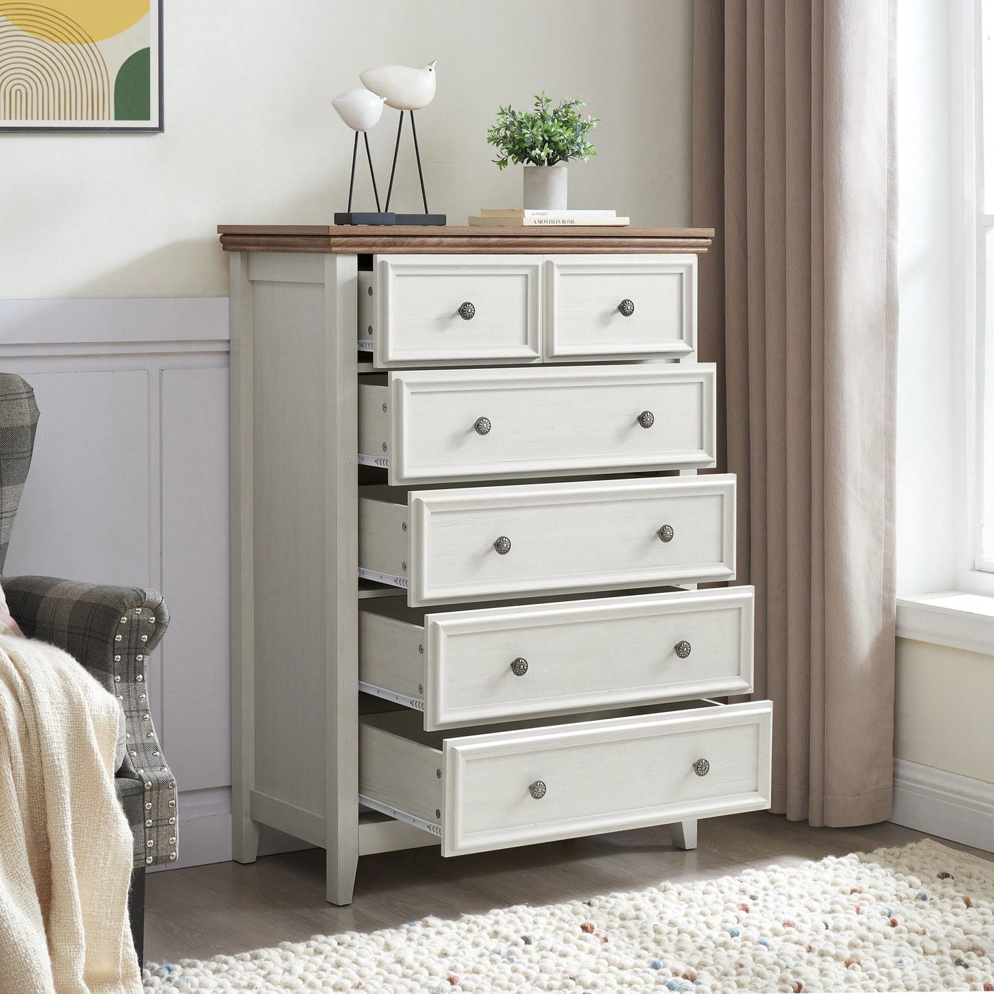 Stylish 6 Drawer Dresser For Bedroom And Living Room - Versatile Storage Solution For Clothes And Organizers In Beige