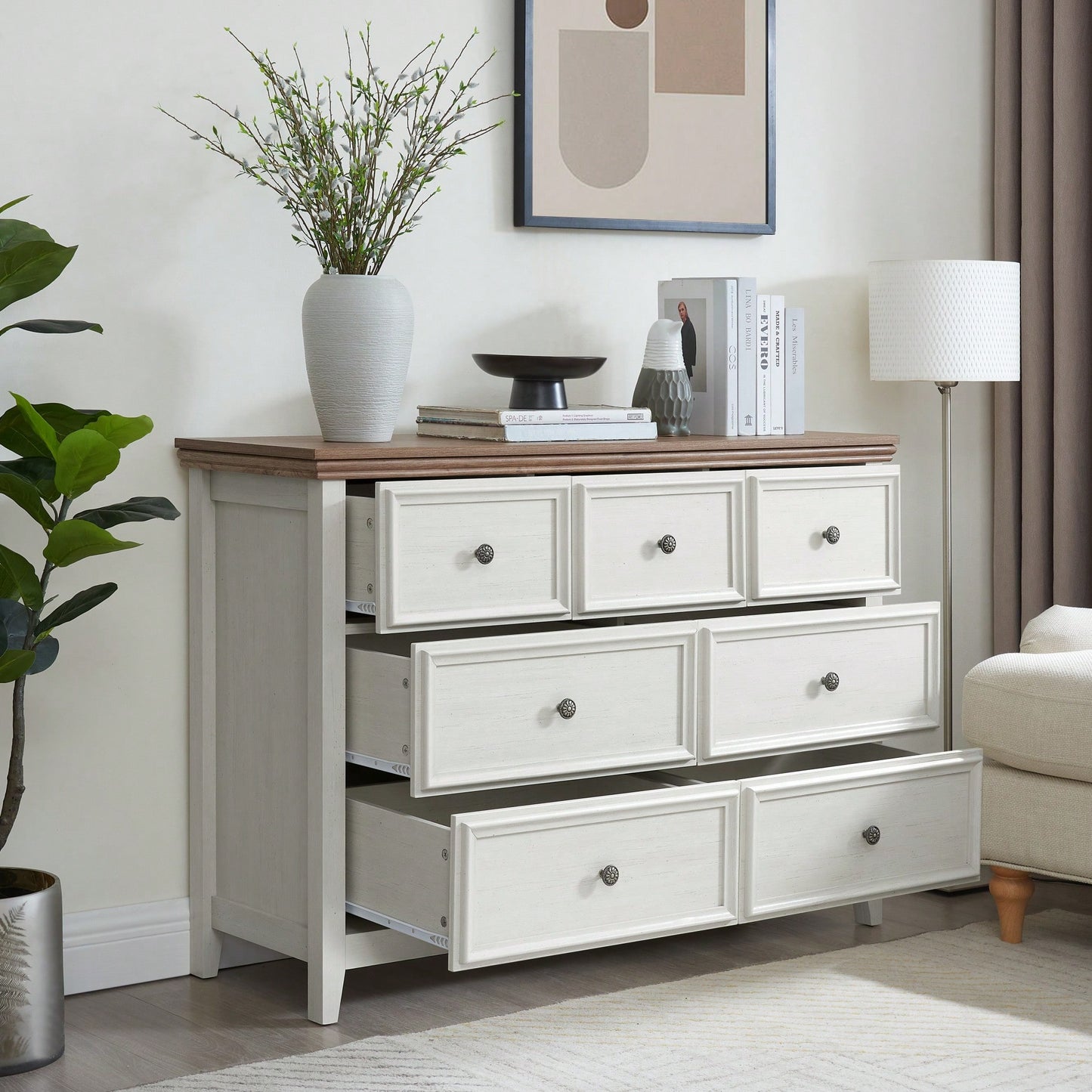 Stylish 7 Drawer Dresser For Living Room And Bedroom Storage Beige Chest Of Drawers Organizer And Closet Organizer