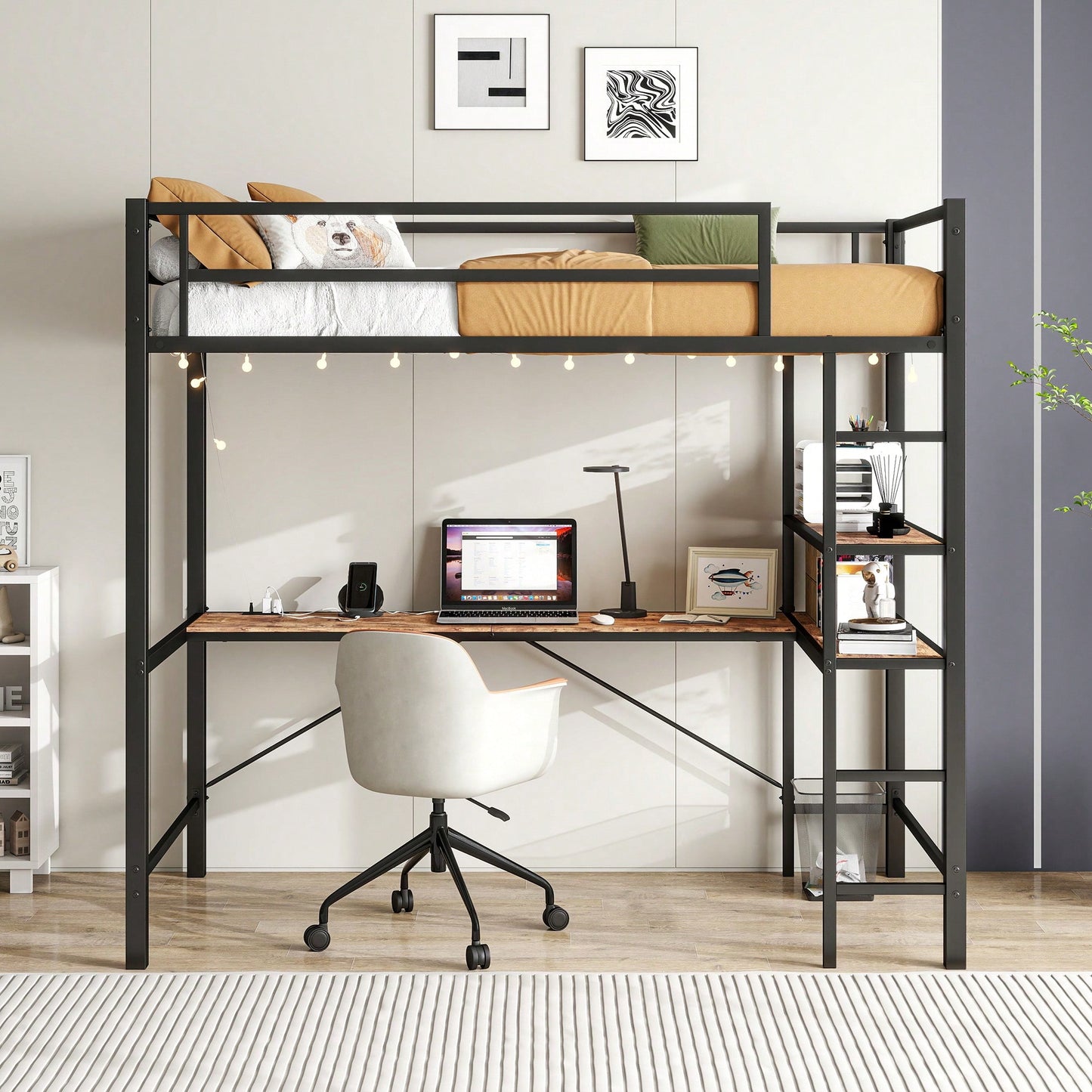 Space-Saving Twin Loft Bed With L Shaped Desk Shelves Charging Station LED Lights Safety Guard And Ladder Brown Wood Finish