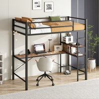 Space-Saving Twin Loft Bed With L Shaped Desk Shelves Charging Station LED Lights Safety Guard And Ladder Brown Wood Finish