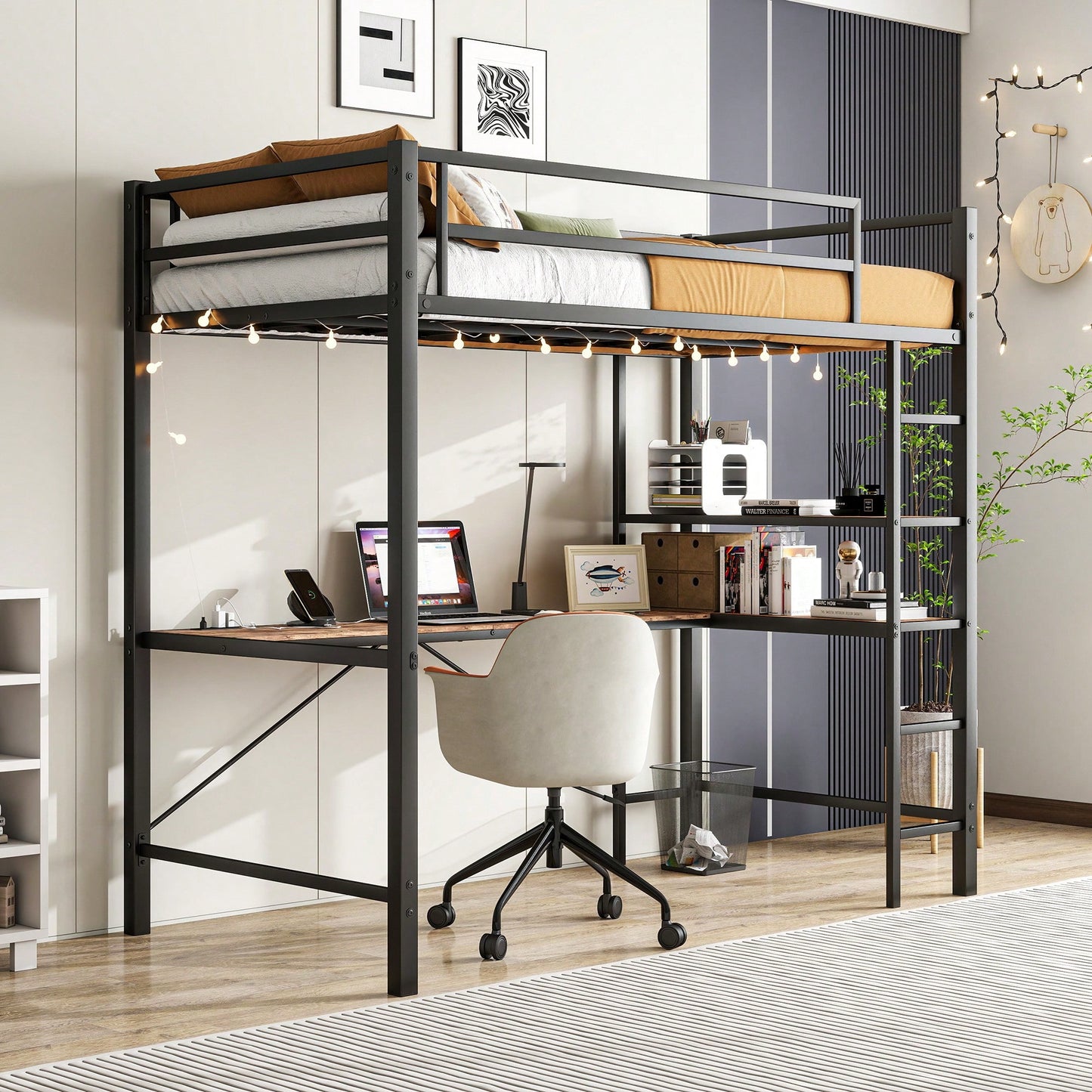 Space-Saving Twin Loft Bed With L Shaped Desk Shelves Charging Station LED Lights Safety Guard And Ladder Brown Wood Finish