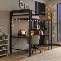 Space-Saving Twin Loft Bed With L Shaped Desk Shelves Charging Station LED Lights Safety Guard And Ladder Brown Wood Finish