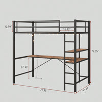 Space-Saving Twin Loft Bed With L Shaped Desk Shelves Charging Station LED Lights Safety Guard And Ladder Brown Wood Finish