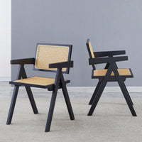 Set Of 2 Rubber Wood Dining Chairs With Rattan Weaving Armrests For Living Room Simple Natural Design Black
