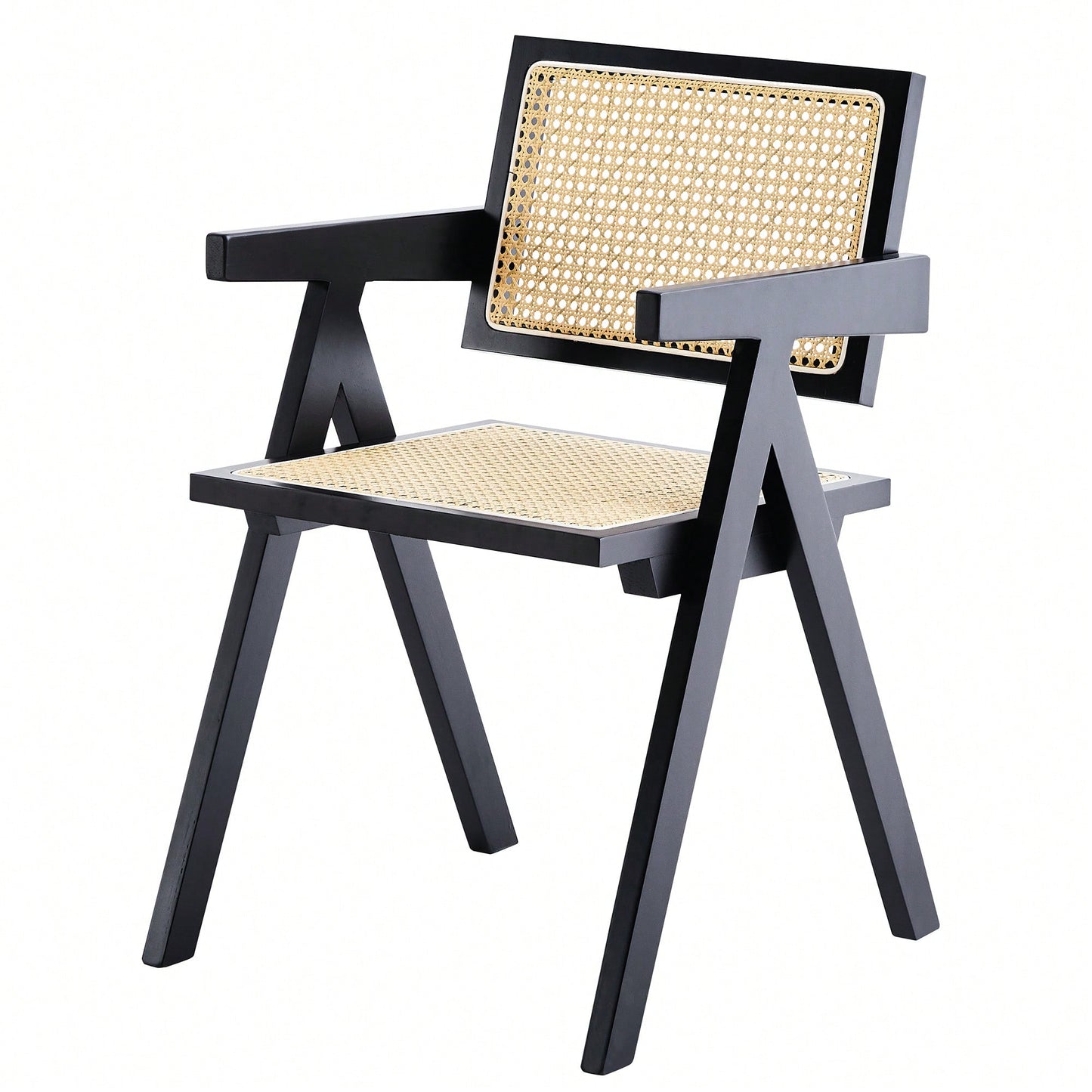 Set Of 2 Rubber Wood Dining Chairs With Rattan Weaving Armrests For Living Room Simple Natural Design Black
