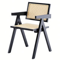 Set Of 2 Rubber Wood Dining Chairs With Rattan Weaving Armrests For Living Room Simple Natural Design Black