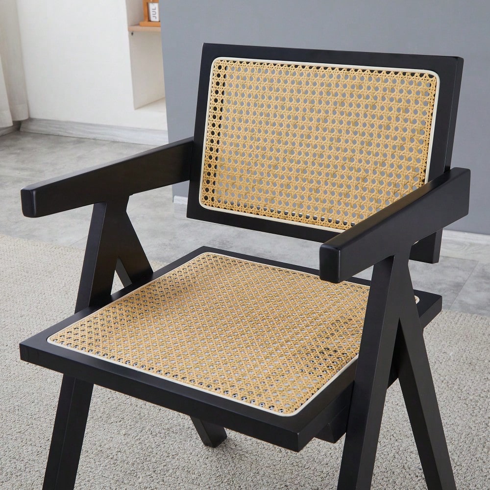 Set Of 2 Rubber Wood Dining Chairs With Rattan Weaving Armrests For Living Room Simple Natural Design Black