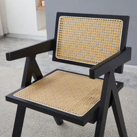 Set Of 2 Rubber Wood Dining Chairs With Rattan Weaving Armrests For Living Room Simple Natural Design Black