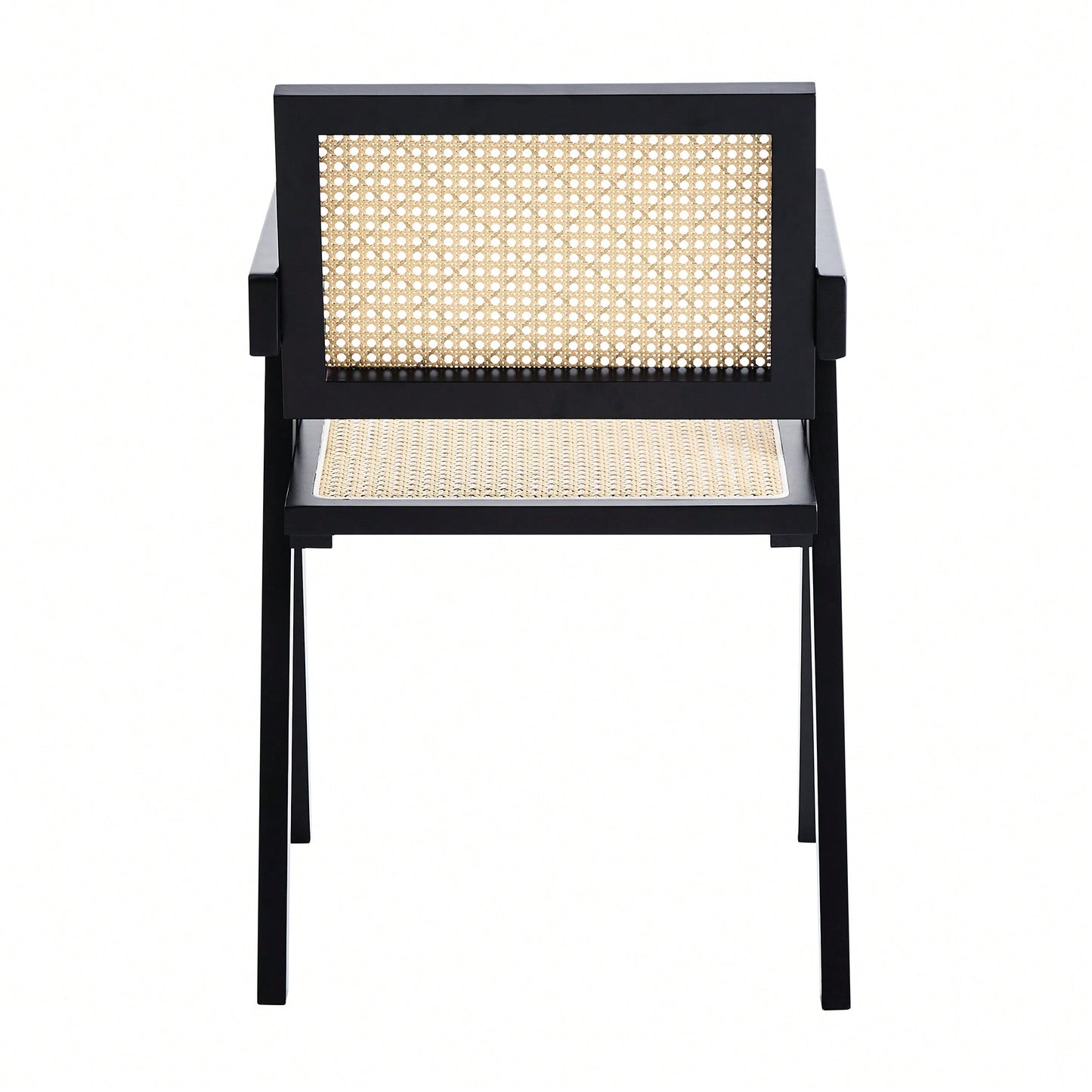 Set Of 2 Rubber Wood Dining Chairs With Rattan Weaving Armrests For Living Room Simple Natural Design Black