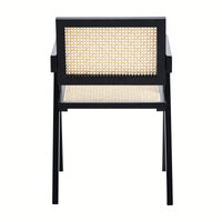 Set Of 2 Rubber Wood Dining Chairs With Rattan Weaving Armrests For Living Room Simple Natural Design Black
