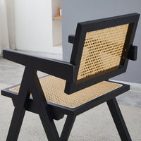 Set Of 2 Rubber Wood Dining Chairs With Rattan Weaving Armrests For Living Room Simple Natural Design Black