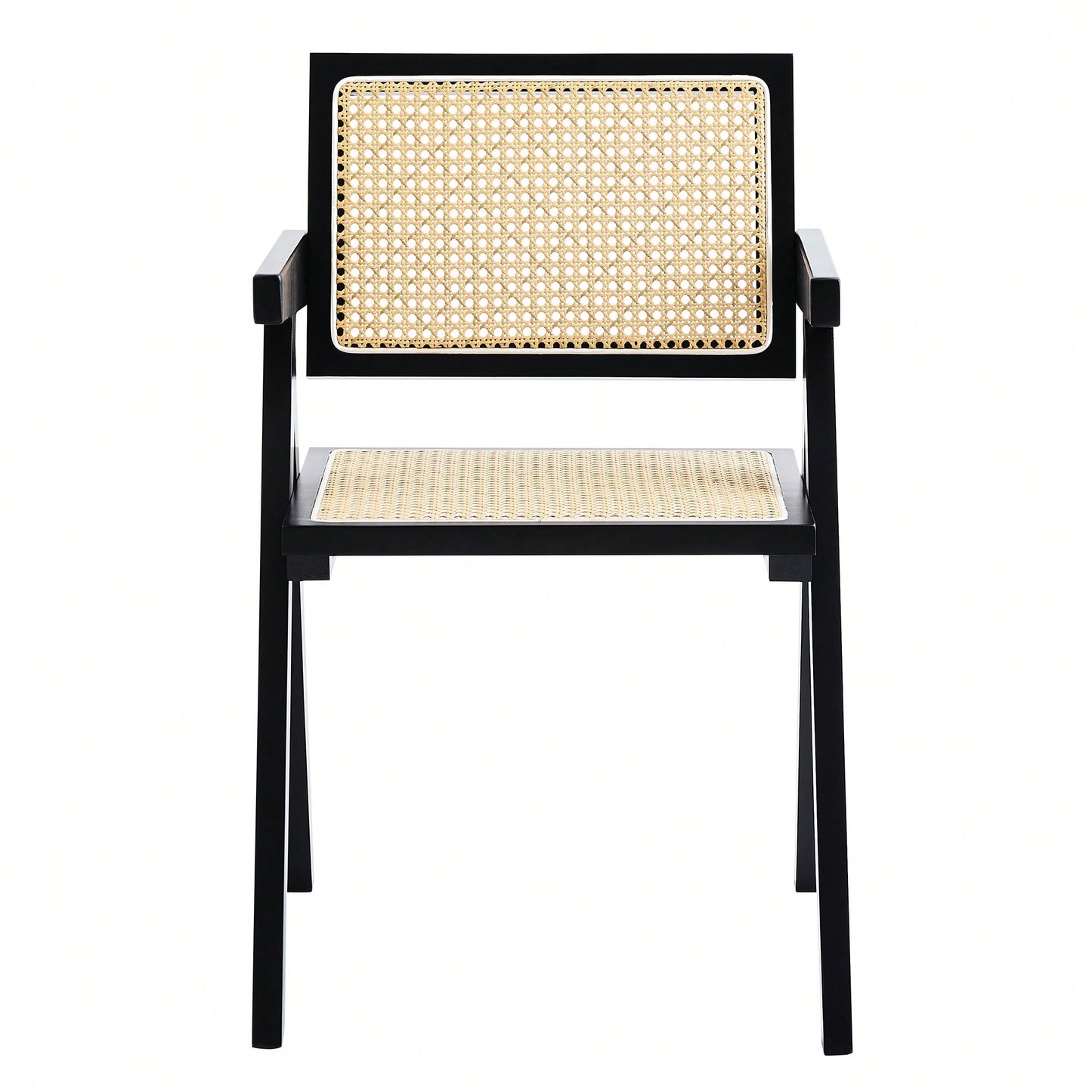 Set Of 2 Rubber Wood Dining Chairs With Rattan Weaving Armrests For Living Room Simple Natural Design Black