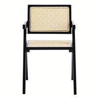 Set Of 2 Rubber Wood Dining Chairs With Rattan Weaving Armrests For Living Room Simple Natural Design Black