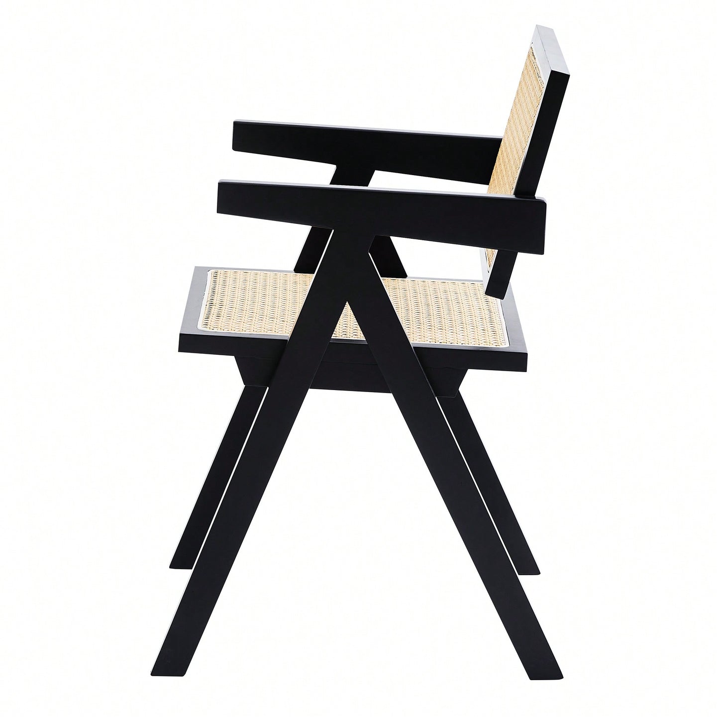 Set Of 2 Rubber Wood Dining Chairs With Rattan Weaving Armrests For Living Room Simple Natural Design Black