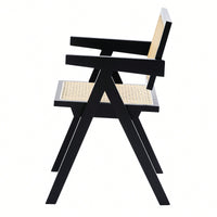 Set Of 2 Rubber Wood Dining Chairs With Rattan Weaving Armrests For Living Room Simple Natural Design Black