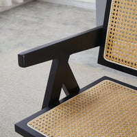 Set Of 2 Rubber Wood Dining Chairs With Rattan Weaving Armrests For Living Room Simple Natural Design Black