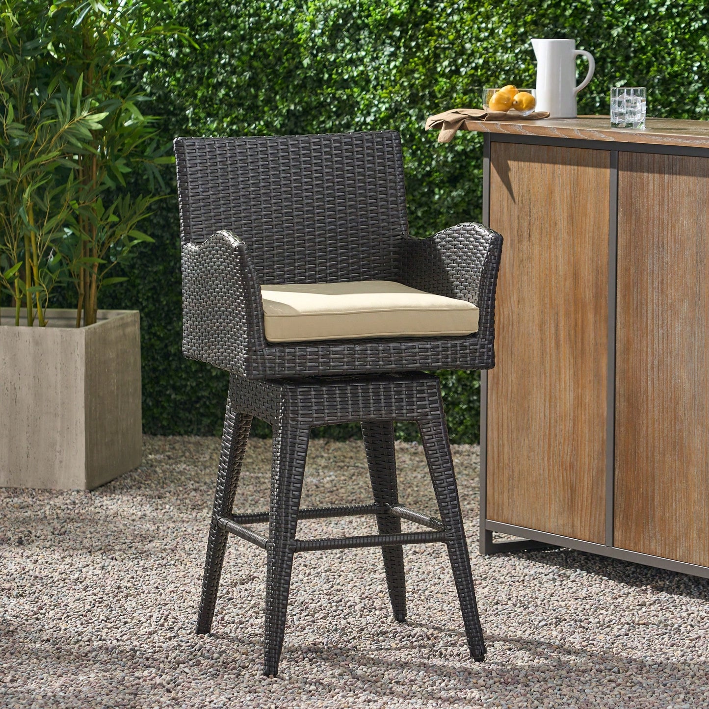 Outdoor Multi-Brown Wicker Swivel Barstool With Tapered Legs For Patio And Garden